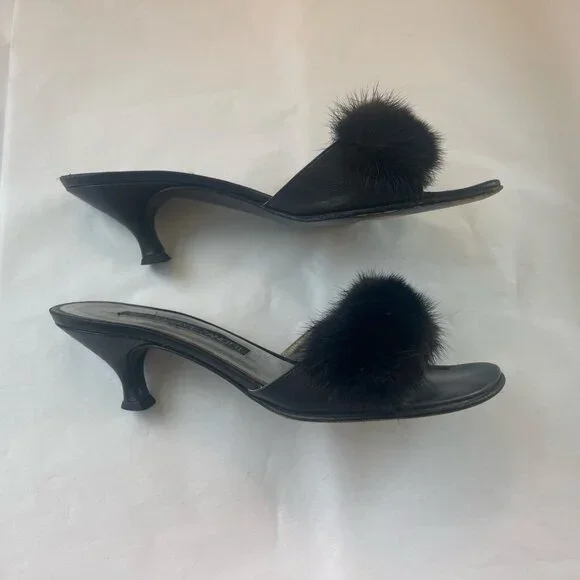 Giuseppe Zanotti Black Leather Kitten Heel Slides With Mink Fur - Picture 6 of 11